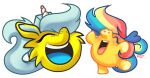  ambiguous_gender blue_hair blue_tail chibi club_penguin duo equid equine eyes_closed feral fur glitterpants hair horn mammal moshi_monsters moshling mrs._snoodle multicolored_hair multicolored_tail open_mouth open_smile orange_body pepperqt puffle rainbow_hair rainbow_tail silly_snuffler smile snout tail toony unicorn unicorn_horn yellow_body yellow_fur 