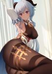 1girl absurdres ahoge arm_up armpits ass bare_shoulders bell blue_hair blush breasts brown_pantyhose covered_nipples detached_sleeves ganyu_(genshin_impact) genshin_impact gold_trim highres hnbsgy horns long_hair looking_at_viewer medium_breasts neck_bell pantyhose purple_eyes sideboob sidelocks solo thighlet thighs white_sleeves 
