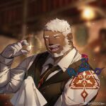  1boy :d bara black_necktie black_vest blurry blurry_background butler collared_shirt dark-skinned_male dark_skin eyebrow_cut eyelashes final_fantasy final_fantasy_xiv male_focus muscular muscular_male necktie one_eye_closed poten_(tenkuyaki) red_eyes roegadyn round_eyewear scar scar_on_cheek scar_on_face shirt short_hair smile solo sparkle thick_eyebrows upper_body vest warrior_of_light_(ff14) white_hair 