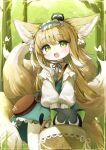  1girl animal_ear_fluff animal_ears aqua_hairband aqua_skirt arknights bag basket black_cat blonde_hair brown_bag brown_ribbon cardigan cat commentary_request creature_on_head crossover fox_ears fox_girl fox_tail frilled_hairband frills green_eyes hair_ornament hair_scrunchie hairband handbag heixiu high-waist_skirt highres holding holding_basket kitsune kyuubi long_sleeves looking_up luo_xiaohei luo_xiaohei_zhanji multicolored_hair multiple_tails neck_ribbon official_alternate_costume on_head open_cardigan open_clothes open_mouth puffy_long_sleeves puffy_sleeves ribbon round_bag rucha_(dokkanhanabi) scrunchie shirt shoulder_bag skirt suzuran_(arknights) suzuran_(spring_praise)_(arknights) tail two-tone_hair white_cardigan white_hair white_shirt 