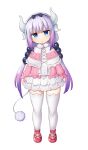  2018 accessory age_difference alpha_channel black_ribbon blue_eyes bottomwear clothing dragon female flower footwear full-length_portrait hair hair_accessory hi_res humanoid kanna_kamui legwear looking_at_viewer mammal miss_kobayashi&#039;s_dragon_maid musouduki plant portrait purple_hair shoes simple_background skirt solo transparent_background twintails_(hairstyle) white_clothing white_legwear young younger_female 