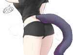  1girl arknights ass black_shirt black_shorts breasts cat_tail commentary cowboy_shot crop_top highres jessica_(arknights) k0ng large_breasts midriff shirt short_shorts short_sleeves shorts simple_background solo standing tail thighs white_background 