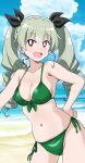  1girl anchovy_(girls_und_panzer) beach bikini black_ribbon blue_sky breasts bright_pupils cloud cloudy_sky cowboy_shot day drill_hair front-tie_bikini_top front-tie_top girls_und_panzer green_bikini green_hair hair_ribbon halterneck hand_on_own_hip highres horizon long_hair looking_at_viewer medium_breasts navel ocean open_mouth outdoors ponzu_rui red_eyes ribbon side-tie_bikini_bottom sky smile solo standing swimsuit twin_drills twintails white_pupils 