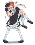  2boys anger_vein black_dress black_footwear black_hair blush closed_eyes closed_mouth dress given heart highres kiss kissing_cheek leggings maid male_focus multiple_boys orange_hair pevellynee satou_mafuyu simple_background socks spoken_heart uenoyama_ritsuka white_background white_leggings white_socks 