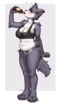  absurd_res anthro blush bra breasts canid canine canis claws clothed clothing drunk female finger_claws fur grey_body grey_fur hi_res mammal panties red_eyes simple_background slightly_chubby solo spuydjeks substance_intoxication toe_claws underwear wolf 
