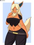  2023 5_fingers anthro belt blonde_hair bottomwear breasts cel_shading cleavage clothed clothing curvy_figure digital_media_(artwork) eeveelution eyebrows eyewear female fingers flareon flyingtrace fur generation_1_pokemon glasses hair hi_res lipstick long_hair makeup neck_tuft nintendo open_mouth orange_body pants pokemon pokemon_(species) rubina_(sin_cyan06) shaded signature simple_background solo tail text topwear tuft url voluptuous wide_hips yellow_eyes 