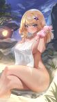  1girl aa-12_(girls&#039;_frontline) absurdres alternate_breast_size blonde_hair blue_eyes blush bottle closed_mouth commission crossed_legs curvy girls&#039;_frontline grass hair_ornament highres holding holding_bottle looking_at_viewer lotion_bottle naked_towel night night_sky onsen outdoors pixiv_commission rock shio05_(05_sio) sitting sky solo squeeze_bottle star_(symbol) star_hair_ornament tan thighs towel 