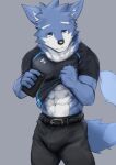 abs absurd_res anthro asleepchef blue_body blue_eyes bottomwear bulge canid clothed clothing clothing_lift hair hi_res holding_object holding_phone male mammal multicolored_body muscular muscular_male pants phone shirt shirt_lift solo topwear 
