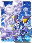  1girl :p blue_eyes commentary_request diamond_ice_(mega_man) glowing hammer holding holding_hammer ice_sculpture looking_at_viewer mega_man_(series) mega_man_star_force mega_man_star_force_3 napo one_eye_closed red_hair solo thumbs_up tongue tongue_out 