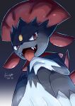  absurdres artist_name black_background blue_fur claws fangs feathers forehead_jewel gradient_background highres no_humans pokemon pokemon_(creature) red_eyes red_feathers signature tail tanpakuroom tongue tongue_out weasel weavile 