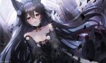  1girl absurdres animal_ears black_choker black_dress black_flower black_gloves black_hair black_rose blush breasts choker cleavage collarbone dress dress_flower elbow_gloves falling_petals flower frilled_choker frills gloves granblue_fantasy hair_flower hair_ornament highres long_hair looking_at_viewer nakonbu nier_(granblue_fantasy) outstretched_arms petals red_eyes rose small_breasts smile solo tiara white_flower white_rose 