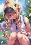  1girl absurdres ball bare_shoulders blonde_hair blue_eyes blue_sky blurry blurry_background breasts cloud cloudy_sky day fingernails hanikami_kanojo highres holding medium_breasts open_mouth outdoors petals piromizu scan shoudou_erena simple_background sky sleeveless solo sportswear squatting tennis_ball tennis_uniform thighs visor_cap wristband 