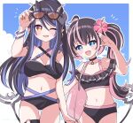  2girls absurdres adapted_costume ahoge belt bikini black_belt black_bikini black_hair blue_background blue_belt blue_eyes blue_hair blush breasts breasts_apart brown_eyes brown_nails chest_belt commentary_request cowboy_shot curled_horns demon_girl demon_horns demon_tail earrings eyewear_on_head fangs flat_chest flower grey_horns hair_between_eyes hair_flower hair_ornament hebiyoi_tier hibiscus highres horns jewelry kino_haruc large_breasts long_bangs long_hair looking_at_viewer medium_bangs multicolored_hair multiple_girls nanashi_inc. navel oinomori_may one_eye_closed one_side_up open_mouth outline pink_flower pink_hair pointy_ears sidelocks single_earring smile snake_bite sunglasses swimsuit tail two-tone_hair virtual_youtuber white_outline 