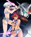  2girls absurdres belt black_choker black_hairband blue_eyes boots breasts brown_belt choker cleavage cosplay cropped_shirt dated dirty_pair dirty_pair_(novels) energy_sword floating_hair green_belt grey_eyes grey_footwear grey_hair grey_shirt grey_shorts gun gundam gundam_aerial_rebuild gundam_suisei_no_majo hairband highres holding holding_sword holding_weapon holstered kei_(dirty_pair_novels) kei_(dirty_pair_novels)_(cosplay) kobakin long_hair looking_at_viewer mecha medium_breasts midriff mobile_suit multiple_girls navel open_mouth red_hair robot shirt short_hair short_shorts shorts signature smile sword v-shaped_eyebrows weapon yasuhiko_yoshikazu_(style) yuri_(dirty_pair_novels) yuri_(dirty_pair_novels)_(cosplay) 