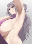  1girl absurdres armpit_focus armpits arms_up breasts closed_mouth from_side grey_background grey_hair highres huge_breasts idolmaster kumako_(kumakonoh) light_smile long_hair looking_at_viewer meme_attire presenting_armpit red_eyes shijou_takane sideboob simple_background solo upper_body virgin_killer_sweater 