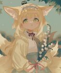  1girl :o animal_ear_fluff animal_ears arknights blonde_hair blue_hairband blue_skirt blue_sky brown_jacket commentary_request crossover day flower fox_ears fox_girl fox_tail frilled_hairband frills green_eyes hairband heixiu highres holding holding_flower jacket kitsune lily_of_the_valley long_sleeves neck_ribbon on_head open_clothes open_jacket outdoors parted_lips puffy_long_sleeves puffy_sleeves red_ribbon ribbon shirt skirt sky suzuran_(arknights) suzuran_(spring_praise)_(arknights) tail the_legend_of_luo_xiaohei tochi_(tochitochi2523) white_flower white_shirt 