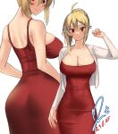  1girl ahoge angelica_rafa_redgrave ass blonde_hair braid braided_bun breasts cleavage commission cowboy_shot dated dress from_behind hair_bun highres jacket large_breasts long_hair multiple_views open_clothes open_jacket otome_gee_sekai_wa_mob_ni_kibishii_sekai_desu pixiv_commission red_dress red_eyes signature simple_background smile white_background white_jacket yoo_tenchi 