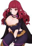  1girl :p belt black_cape bodysuit breasts cape choker cleavage clothing_cutout facial_mark fire_emblem fire_emblem_engage hair_ornament highres large_breasts long_hair looking_at_viewer red_eyes red_hair serafineart1001 side_cutout simple_background smile solo star_(symbol) star_facial_mark star_hair_ornament tongue tongue_out yunaka_(fire_emblem) 