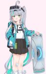  1girl absurdres ahoge backpack bag bandaid bandaid_on_cheek bandaid_on_face black_skirt blue_jacket duplicate epinel_(nikke) goddess_of_victory:_nikke green_eyes green_hair head-mounted_display highres holding hood hood_down hoodie jacket long_hair magumagu1435 multicolored_hair open_clothes open_jacket pleated_skirt ponytail puffy_short_sleeves puffy_sleeves short_sleeves skateboard skirt socks solo star_(symbol) two-tone_hair white_hair white_hoodie white_socks yellow_footwear 