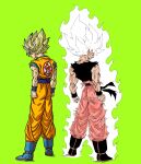  blonde_hair dougi dragon_ball dragon_ball_z fenyon green_background highres limited_palette simple_background son_goku super_saiyan super_saiyan_1 torn torn_clothes white_hair 