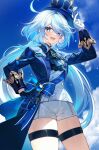  1girl absurdres arm_up ascot asymmetrical_gloves black_ascot black_gloves blue_eyes blue_gemstone blue_hair blue_headwear blue_jacket blue_sky brooch chen_ying_(alan-yut) cloud cowboy_shot cowlick day furina_(genshin_impact) gem genshin_impact gloves hand_on_own_hip hand_up hat highres holding holding_clothes holding_hat jacket jewelry light_blue_hair long_hair looking_at_viewer mismatched_gloves mismatched_pupils open_mouth shorts skindentation sky solo teeth thigh_strap top_hat upper_teeth_only white_gloves white_shorts 