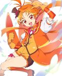  1boy 3cho blonde_hair brooch butterfly_earrings cure_wing earrings gloves hat highres hirogaru_sky!_precure jewelry long_hair looking_at_viewer magical_boy male_focus mini_hat mini_top_hat multicolored_hair open_mouth orange_footwear orange_gloves orange_hair orange_sailor_collar orange_shorts otoko_no_ko parted_bangs ponytail precure puffy_short_sleeves puffy_sleeves red_eyes sailor_collar short_sleeves shorts smile streaked_hair top_hat wing_brooch wing_hair_ornament yuunagi_tsubasa 