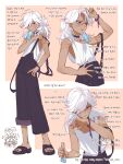  1boy 1girl absurdres alternate_costume black_pants border bracelet chibi cyno_(genshin_impact) dark-skinned_male dark_skin dori_(genshin_impact) genshin_impact hair_over_one_eye half_updo highres ice_s_s_z jewelry korean_text long_hair male_focus multiple_views one_eye_covered orange_background pants red_eyes sandals short_ponytail suspenders tank_top translation_request white_border white_hair white_tank_top 