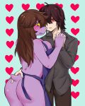  &lt;3 anthro apron apron_only big_breasts blush bottomwear breasts brown_hair butt butt_grab clothed clothing deltarune duo female freckles fully_clothed hair hand_holding hand_on_butt hechangjun250 hi_res human human_on_anthro interspecies kris_(deltarune) male male/female mammal mostly_nude pants purple_body purple_scales red_eyes reptile scales scalie shirt short_tail standing susie_(deltarune) tail topwear undertale_(series) 