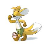  anthro barefoot bottomwear brown_body brown_fur brown_nose clothed clothing eyes_closed feet fur green_bottomwear green_clothing green_pants hi_res male orange_body orange_fur pants pants_only pawpads pink_pawpads simple_background smile solo tinydeerguy topless walking white_background white_body white_fur 