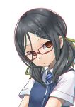  1girl bespectacled black_hair brown_eyes collared_shirt diagonal-striped_necktie dress_shirt glasses hair_ornament hair_over_shoulder hairclip inagi_(kancolle) kantai_collection long_hair low_twintails red-framed_eyewear shirt simple_background solo twintails white_background white_shirt yoohei_(pizzadev) 