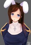  1girl 2018 :o animal_ears black_hairband blue_eyes blush brown_hair cross cross_necklace dated dc24v fake_animal_ears grey_background hairband head_tilt jewelry juliet_sleeves long_hair long_sleeves looking_at_viewer necklace open_mouth priest_(ragnarok_online) puffy_sleeves rabbit_ears ragnarok_online signature simple_background solo swept_bangs turtleneck upper_body 