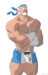  1boy bandaid bandaid_on_face bandaid_on_nose bara bear_boy beard ben_(rollingstonex6) between_pectorals blue_headband blue_male_underwear body_fur boxer_briefs bulge crossed_arms facial_hair feet_out_of_frame forearms goatee headband highres large_pectorals light_frown looking_up male_focus male_underwear mature_male multicolored_male_underwear muscular muscular_male mutton_chops original paw_print pectorals print_male_underwear rollingstonex6 short_hair solo sparse_chest_hair thick_eyebrows topless_male underwear white_fur white_hair white_male_underwear 