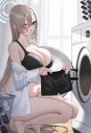  1girl absurdres asuna_(blue_archive) black_bra blonde_hair blue_archive blue_eyes bottomless boxer_briefs bra breasts eyes_visible_through_hair fujioni grin hair_over_one_eye halo highres holding holding_clothes holding_underwear large_breasts laundry laundry_basket long_hair male_underwear navel off_shoulder shirt smile solo squatting stomach teeth tiptoes underwear very_long_hair washing_machine white_shirt 