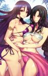  2girls armlet ass bare_shoulders beads bikini black_hair blush braid breasts chest_tattoo choker cleavage collarbone dynamitenatalia eyepatch_bikini facial_mark fate/grand_order fate_(series) forehead_mark highres jewelry large_breasts long_hair looking_at_viewer minamoto_no_raikou_(fate) minamoto_no_raikou_(swimsuit_lancer)_(fate) multicolored_hair multiple_girls navel necklace palm_tree parted_bangs pearl_necklace pink_hair purple_bikini purple_eyes purple_hair sarong sessyoin_kiara sessyoin_kiara_(swimsuit_mooncancer) shell_necklace smile streaked_hair swimsuit tattoo thighs tree twin_braids very_long_hair white_bikini yellow_eyes 