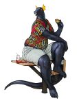  anthro black_body black_skin bottomwear burger cettus chair chubby_anthro chubby_male clothed clothing dragon dress_shirt eating fast_food food frill_(anatomy) fritjof fully_clothed furniture hi_res licking licking_lips macro male orange_eyes shirt shorts simple_background sitting slightly_chubby slightly_chubby_anthro slightly_chubby_male solo table tail tongue tongue_out topwear white_background 