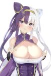  1girl azur_lane bare_shoulders blush breasts cleavage cleavage_cutout clothing_cutout cone_hair_bun dress hair_between_eyes hair_bun highres kisahipi large_breasts licking_lips long_hair looking_at_viewer multicolored_hair purple_dress purple_eyes purple_hair simple_background smile solo split-color_hair tongue tongue_out twitter_username two-tone_hair upper_body white_background white_hair wide_sleeves ying_swei_(azur_lane) 