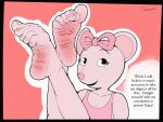  5_toes angelina_ballerina angelina_mouseling anthro barefoot dearhotglues feet female foot_fetish hi_res humanoid_feet looking_at_viewer mammal mouse murid murine plantigrade rodent soles solo toes wrinkled_feet 
