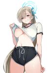  1girl absurdres asuna_(blue_archive) black_choker black_shorts blonde_hair blue_archive blue_eyes blush breasts choker clothes_lift dolphin_shorts drawstring flashing grin hair_ribbon halo highres jason_kim large_breasts lifted_by_self long_hair navel nipple_slip nipples ribbon shirt shirt_lift short_shorts shorts simple_background smile solo stomach t-shirt underboob very_long_hair white_background white_shirt 