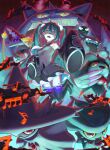  absurdres aqua_hair black_thighhighs detached_sleeves fire_bird_(skeledirge) floating flutter_mane gastly gengar ghost ghost_miku_(project_voltage) gigantamax gigantamax_gengar glitch grey_shirt hatsune_miku haunter highres long_hair matsu_bokkuri misdreavus mismagius musical_note necktie pale_skin pokemon pokemon_(creature) project_voltage see-through see-through_skirt shirt skeledirge skirt sleeves_past_fingers sleeves_past_wrists thighhighs twintails very_long_hair vocaloid will-o&#039;-the-wisp_(mythology) yellow_eyes 