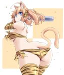  2021 ahoge animal_humanoid animal_print armwear bandeau baseball_bat bat_(object) bikini blonde_hair blue_eyes breasts butt cat_humanoid clothing felid felid_humanoid feline feline_humanoid female hair humanoid legwear mammal mammal_humanoid pigtails solo swimwear thigh_highs tiger_print tonpuu topwear 