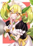  1girl absurdres apron blush breasts dragon_girl dragon_horns dragon_tail duel_monster green_hair highres holding holding_tray horns large_breasts long_hair looking_at_viewer maid maid_apron maid_headdress nbuuz parlor_dragonmaid puffy_sleeves short_sleeves solo tail tray yellow_eyes yu-gi-oh! 