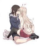  2girls bang_dream! black_hair black_shorts black_thighhighs blonde_hair blue_jacket blush closed_mouth commentary_request full_body grey_footwear grey_hoodie hair_between_eyes hair_ornament hairclip hand_on_another&#039;s_cheek hand_on_another&#039;s_face heart hood hoodie jacket kiss long_hair long_sleeves medium_hair multiple_girls okusawa_misaki open_clothes open_jacket red_shorts sen&#039;yuu_yuuji shorts simple_background sitting skindentation sweater thighhighs tsurumaki_kokoro white_background white_footwear white_sweater yuri 