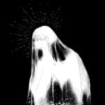  1other androgynous angel angel_wings closed_eyes completely_nude from_side glowing greyscale halo highres korean_commentary light_particles monochrome nude original profile sae_sae see-through short_hair simple_background upper_body veil wings 