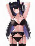 1girl :| absurdres armpits arms_up asymmetrical_horns black_bra black_hair black_panties bra breasts cleavage closed_mouth cloud_etoile collarbone colored_inner_hair commentary cowboy_shot crystal_horn demon_horns dot_nose garter_belt garter_straps hands_in_own_hair head_tilt highres hololive hololive_english horn_flower horns large_breasts light_blush long_hair looking_at_viewer mole mole_under_eye multicolored_hair navel nerissa_ravencroft panties purple_hair red_eyes sidelocks simple_background solo standing straight-on thighhighs two-tone_hair underwear uneven_horns virtual_youtuber white_background wide_hips 