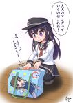  1girl akashieru akatsuki_(kancolle) anchor_symbol bag black_hair black_headwear black_pantyhose black_sailor_collar black_skirt comiket commentary_request flat_cap hat highres kantai_collection neckerchief one-hour_drawing_challenge pantyhose pleated_skirt purple_eyes red_neckerchief sailor_collar school_uniform serafuku shirt skirt solo squatting translation_request ukuru_(kancolle) white_shirt 