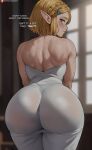  1girl ass bare_shoulders blonde_hair blurry blurry_background blush braid closed_mouth crown_braid dress english_text from_behind green_eyes hair_ornament hairclip highres huge_ass indoors looking_at_viewer looking_back patreon_username pointy_ears princess_zelda shexyo short_hair solo strapless strapless_dress the_legend_of_zelda the_legend_of_zelda:_tears_of_the_kingdom tight_clothes tight_dress white_dress 