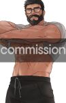  1boy abs bara black-framed_eyewear black_hair black_pants bulge ch1du clothes_lift commission cowboy_shot dark-skinned_male dark_skin expressionless from_below full_beard glasses highres large_pectorals lifted_by_self looking_at_viewer male_focus mature_male muscular muscular_male navel navel_hair nipples old old_man original pants pectorals scar scar_on_cheek scar_on_face scar_on_stomach shirt_lift short_hair sideburns solo stomach thick_beard thick_mustache too_many_scars track_pants underpec undressing watermark yellow_eyes 
