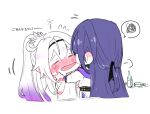  2girls =_= ahoge blush bottle check_translation chibi commentary crown ear_blush flat_chest high_ponytail honkai_(series) honkai_impact_3rd kiana_kaslana kiana_kaslana_(herrscher_of_finality) long_hair long_sleeves mafuena_getkon multiple_girls open_mouth purple_hair raiden_mei shirt speech_bubble squeezing_cheeks symbol-only_commentary teardrop translation_request upper_body white_hair white_shirt white_sleeves 