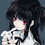  1girl black_hair black_nails black_ribbon closed_mouth earrings frilled_ribbon frills hair_ribbon highres holding jewelry long_hair looking_at_viewer neck_ribbon original portrait rabbit red_eyes ribbon simple_background solo stud_earrings tearing_up torichikushou 