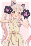  1girl :o animal_ear_fluff animal_ears animal_hands bare_arms blonde_hair brown_eyes cat_ears claw_pose commentary dress fangs gloves godyuurei grey_background hair_between_eyes hands_up highres light_blush long_hair looking_at_viewer multicolored_hair onii-chan_wa_oshimai! open_mouth oyama_mahiro paw_gloves pink_background pink_hair sash simple_background sleeveless sleeveless_dress solo two-tone_hair v-shaped_eyebrows very_long_hair yellow_dress 